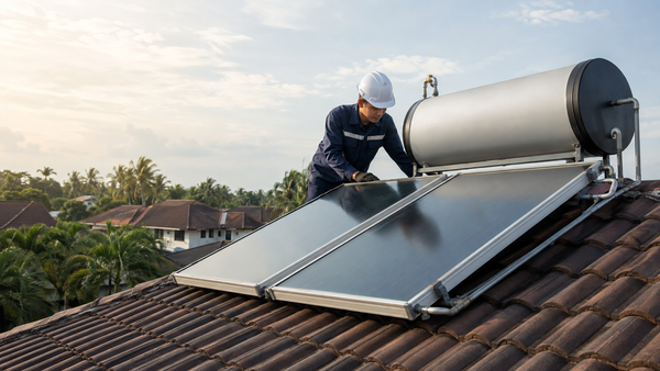 Technician inspecting and cleaning a rooftop solar water heater collector