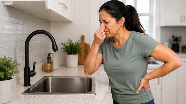 Woman reacting to an unpleasant smell coming from a kitchen sink drain in a bright modern kitchen.