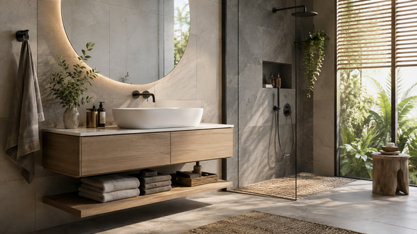 Warm contemporary bathroom with a floating wood vanity, open shelf storage and glass shower enclosure.