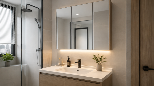Compact modern bathroom with a mirrored cabinet, integrated lighting, single basin vanity and glass shower area.
