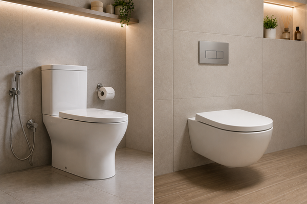 Side-by-side comparison of a floor-mounted toilet and a wall-hung toilet with a concealed cistern in a modern bathroom.