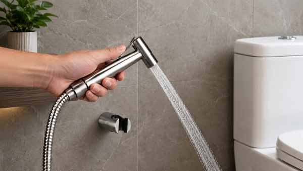 stainless steel handheld bidet spray in a modern Malaysian bathroom