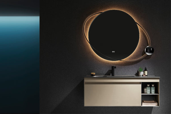 Modern wall-mounted bathroom vanity with a round backlit mirror and open shelving against a dark textured wall.