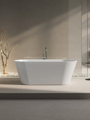Rear angle view of white freestanding bath tub with elegant and space-efficient bath tub option