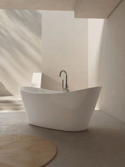 Side view of premium white freestanding bath tub highlighting its clean lines and minimalist style bath tub in Malaysia