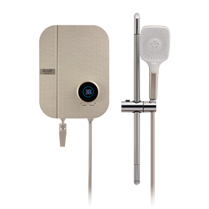 Alpha Digital Instant Water Heater (DC Pump) c/w Hand Shower Bar Set - Gold Cotton