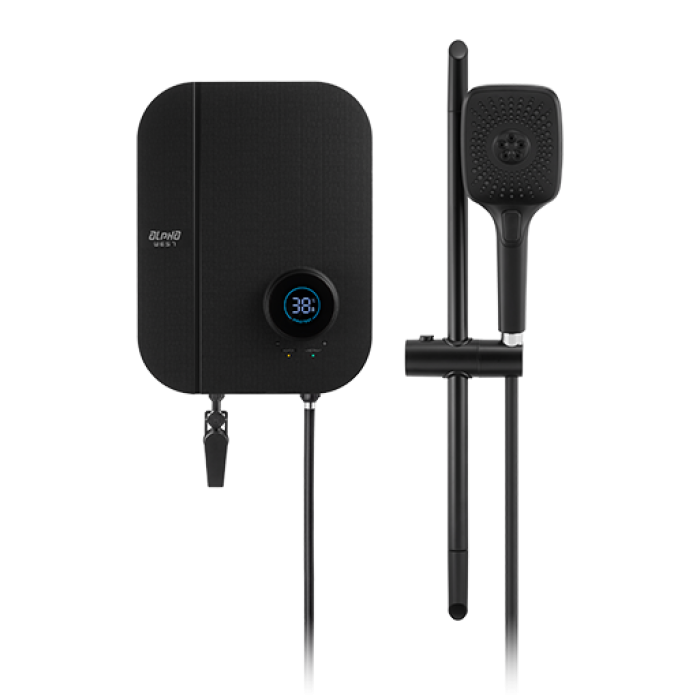 Alpha Digital Instant Water Heater (DC Pump) c/w Hand Shower Bar Set - Black Canvas
