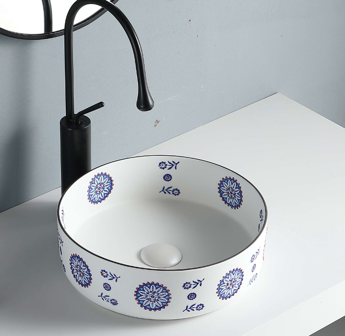 Round Above Counter Wash Basin c/w Waste - White with Blue Pattern