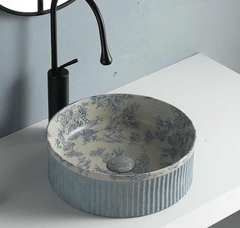 Round Above Counter Wash Basin c/w Waste - Blue with Flower Pattern