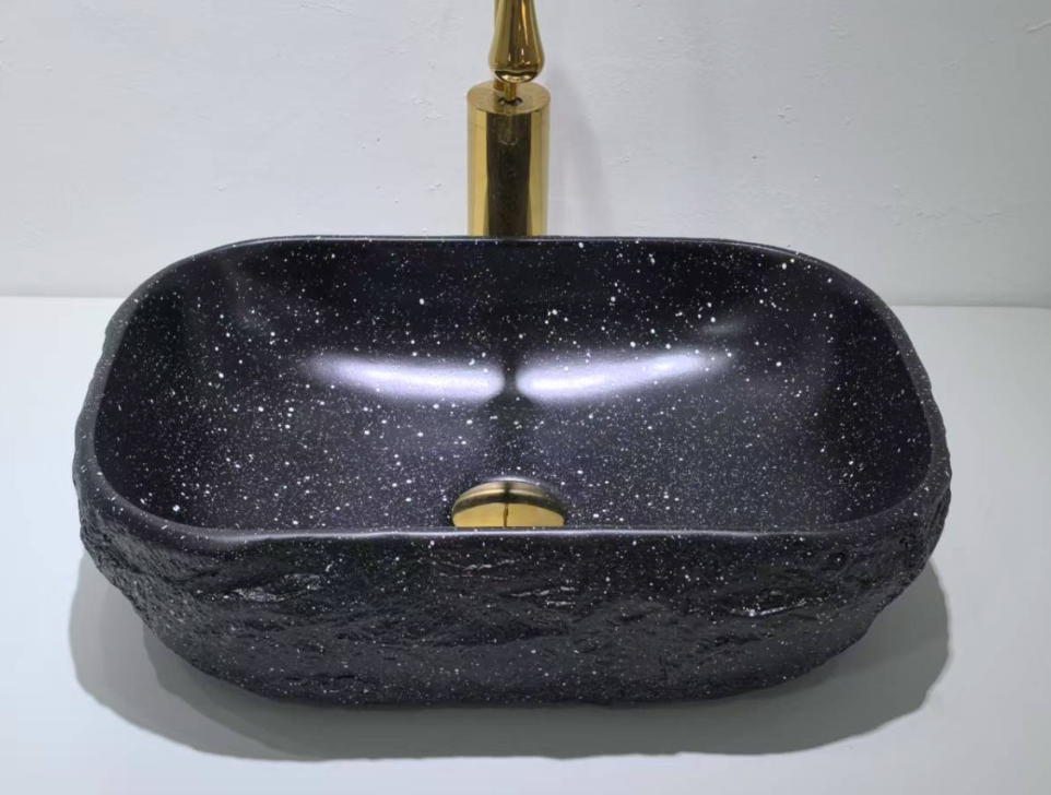 Rectangular Artifical Stone Above Counter Wash Basin c/w Waste - Black with Spot Pattern
