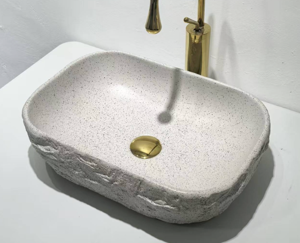 Rectangular Artifical Stone Above Counter Wash Basin c/w Waste - White with Spot Pattern
