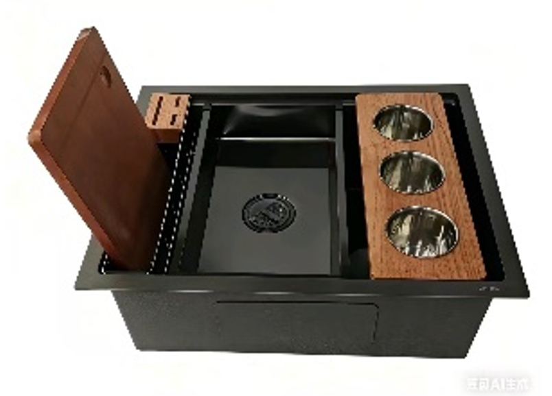 SUS304 Single-Tier Single Bowl Mini Nano Workstation Sink c/w Wooden Chopping Board, Caddy with Knife Block, Colander and Sauce Plate