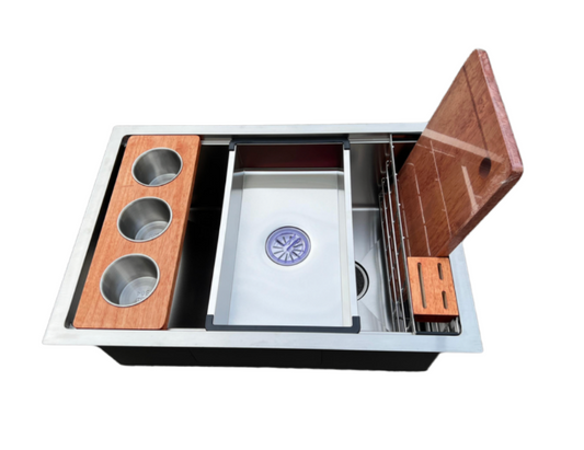 SUS304 Single-Tier Single Bowl Mini Nano Workstation Sink c/w Wooden Chopping Board, Caddy with Knife Block, Colander and Sauce Plate
