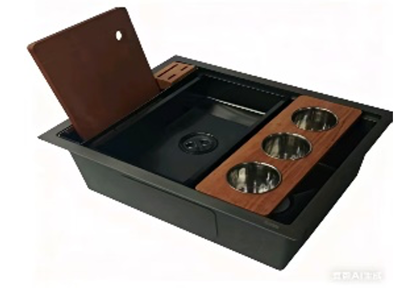 SUS304 Single-Tier Single Bowl Mini Nano Workstation Sink c/w Wooden Chopping Board, Caddy with Knife Block, Colander and Sauce Plate