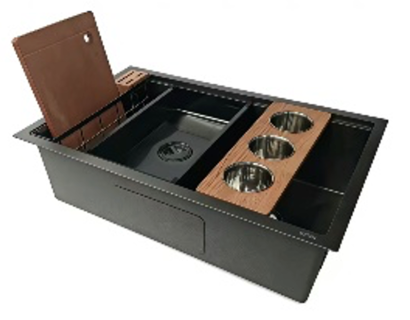 SUS304 Single-Tier Single Bowl Mini Nano Workstation Sink c/w Wooden Chopping Board, Caddy with Knife Block, Colander and Sauce Plate