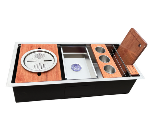 SUS304 Single-Tier Single Bowl Mini Nano Workstation Sink c/w Wooden Chopping Board, Caddy with Knife Block, Colander, Sauce Plate, Cutter & Mixing Bowl Tray