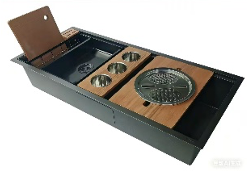 SUS304 Single-Tier Single Bowl Mini Nano Workstation Sink c/w Wooden Chopping Board, Caddy with Knife Block, Colander, Sauce Plate, Cutter & Mixing Bowl Tray