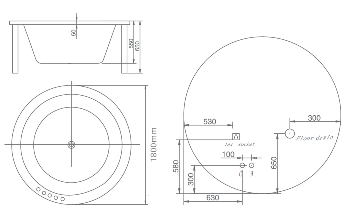Build In Round Bathtub c/w Waste - White