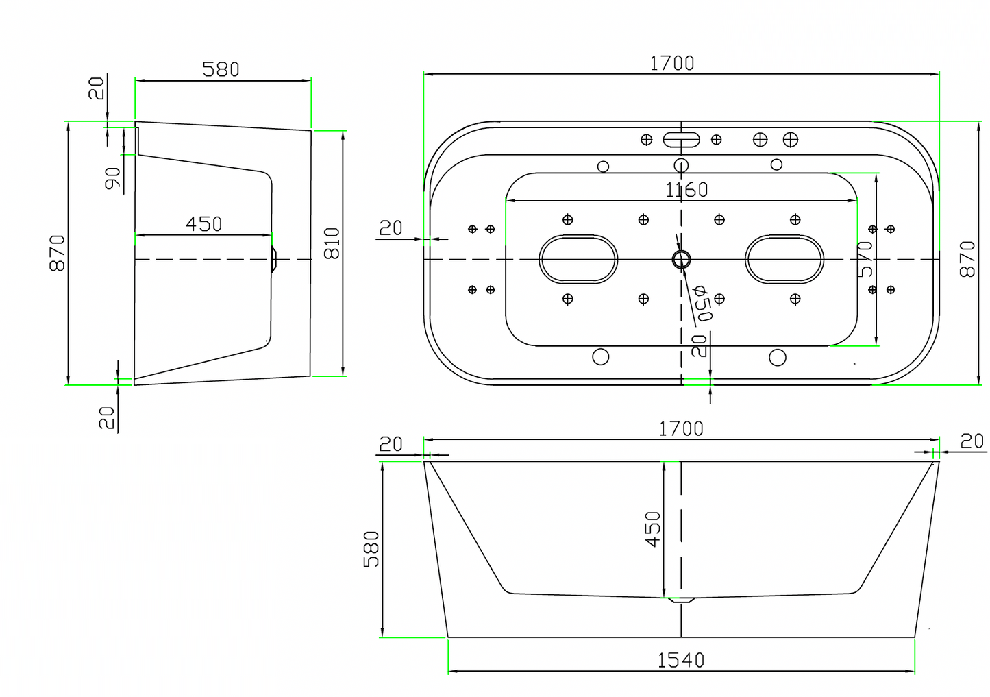 Massage Bathtub with 4pcs Big & 8pcs Small Water Massage Jets, and 8pcs Colorful LED Bubble Jets - White