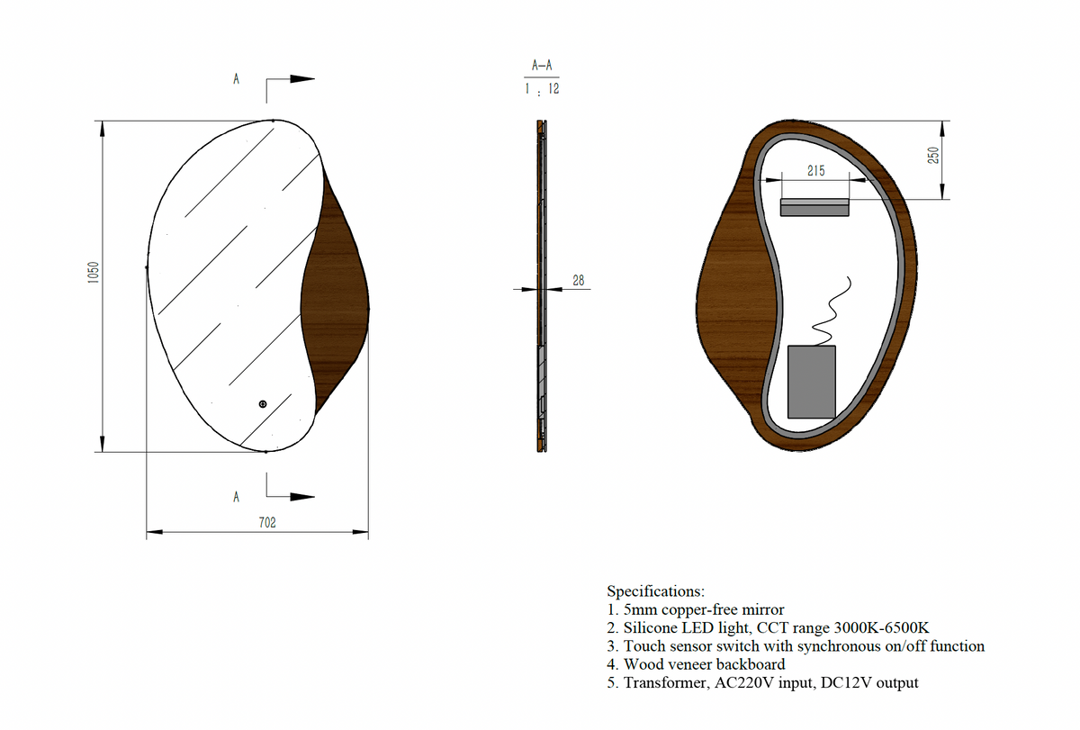 Coffee Bean LED Mirror c/w Color+Dimmer, On-Off Button and Wooden & Acrylic Frame