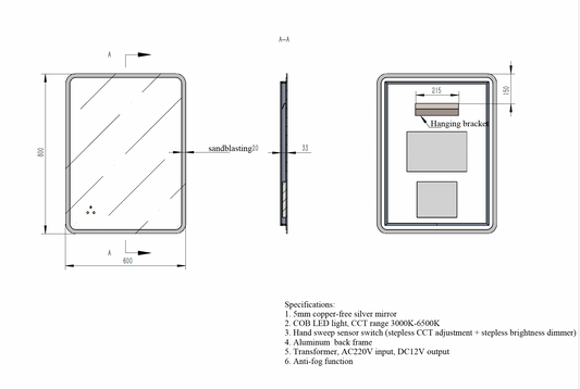 Rectangular LED Mirror c/w 3 Color+Dimmer+Defogging & Wave-On Off Button