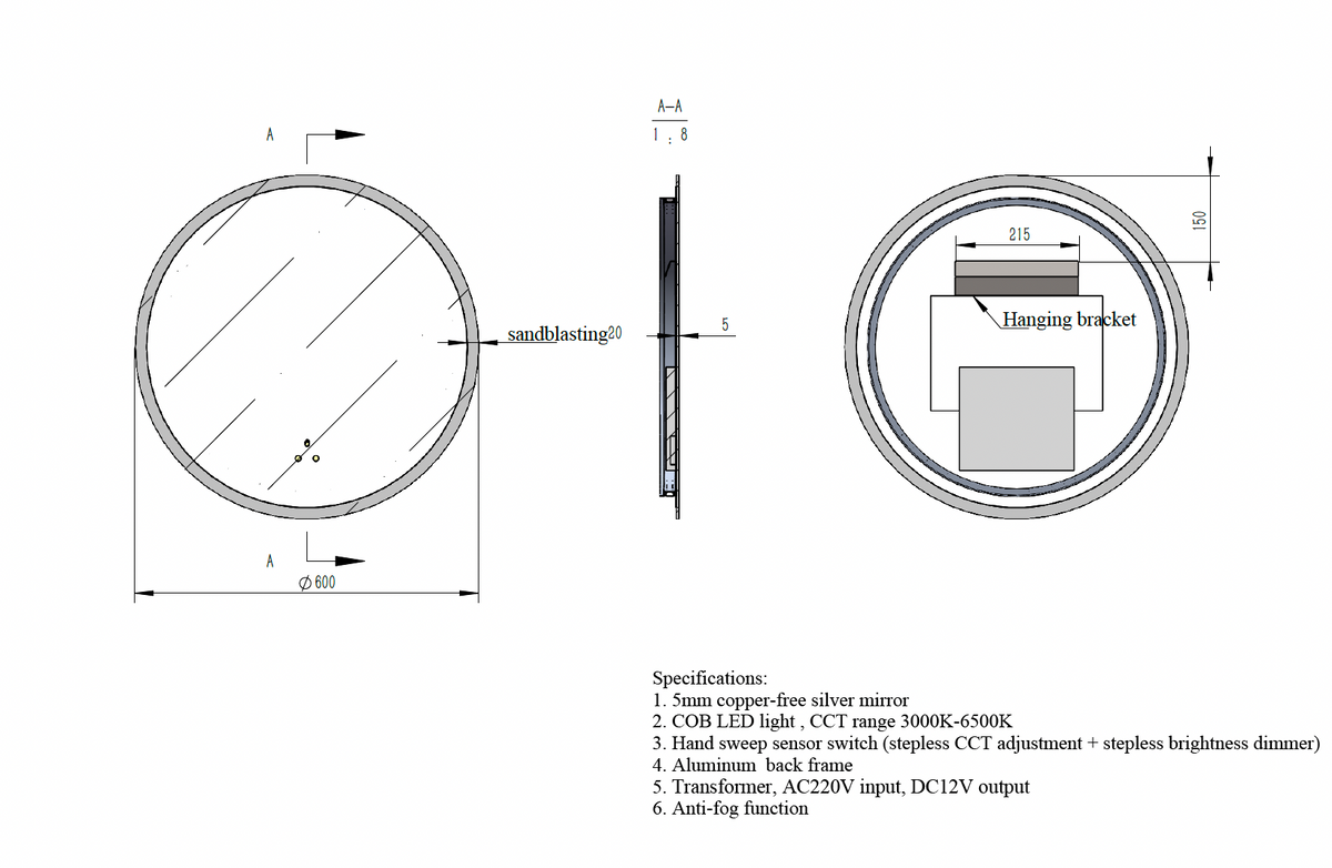 Round LED Mirror c/w 3 Color+Dimmer+Defogging & Wave-On Off Button