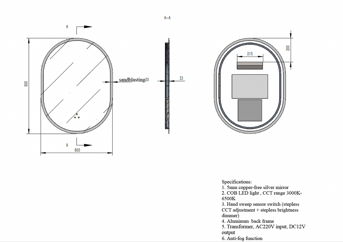 Oval LED Mirror c/w 3 Color+Dimmer+Defogging & Wave-On Off Button