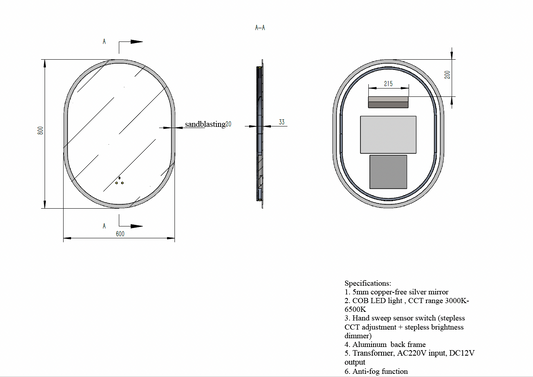 Oval LED Mirror c/w 3 Color+Dimmer+Defogging & Wave-On Off Button