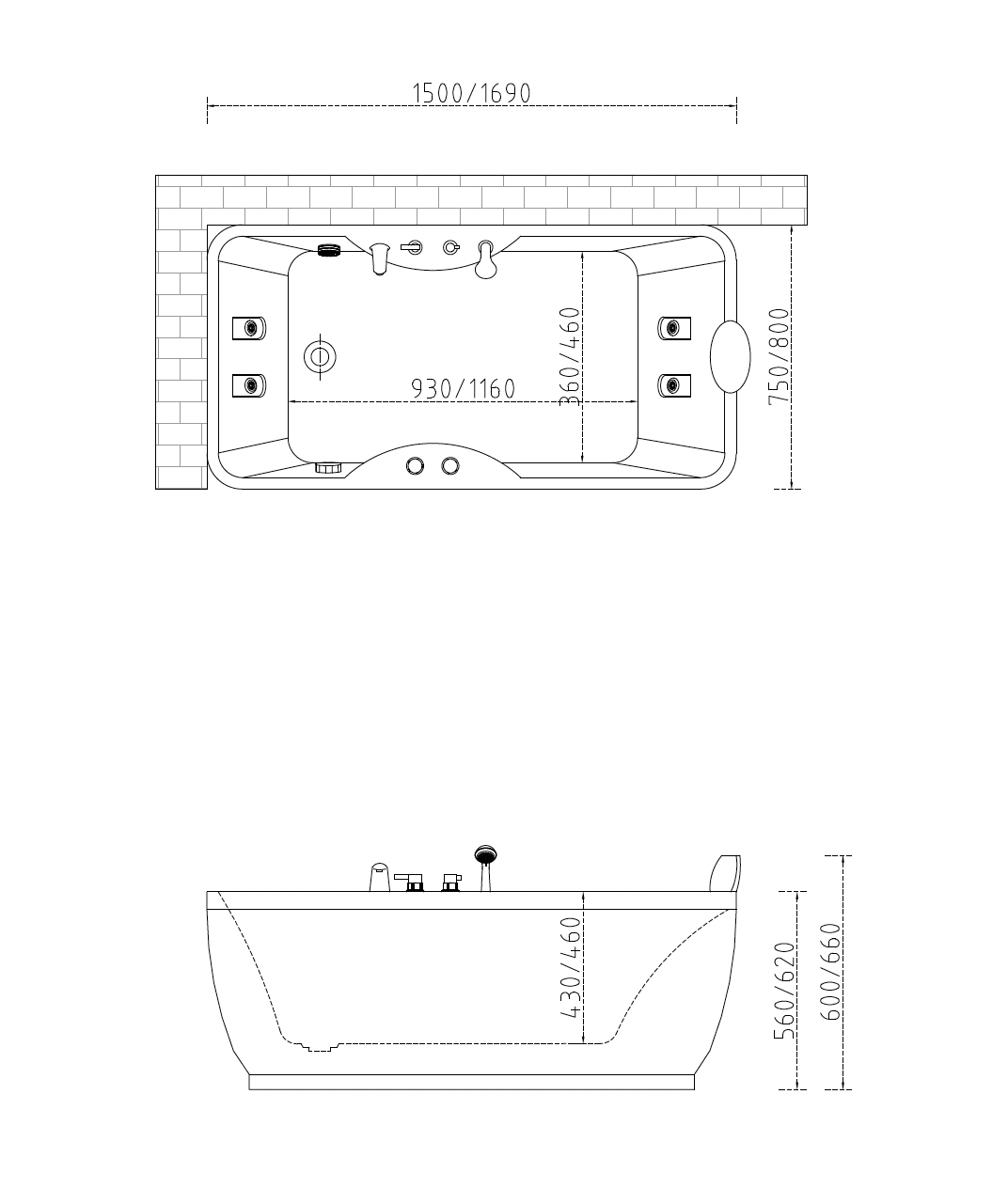 Massage Bath Tub with Faucet Set c/w 6 pcs Middle Jets - White