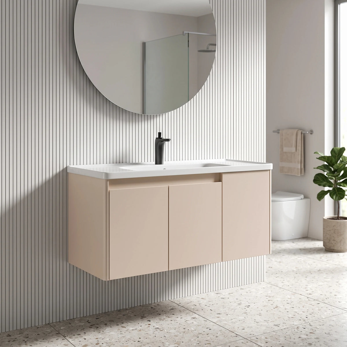 Carbon Steel Basin Cabinet Set in a room setting