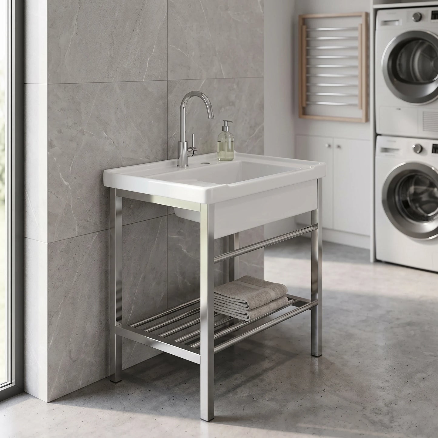 Laundry Basin c/w Stainless Steel Rack Complete Set in a room setting