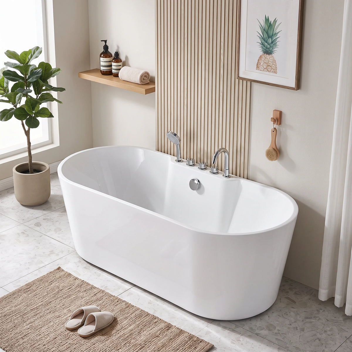 Free Standing Bathtub c/w faucet and waste - White in a room setting