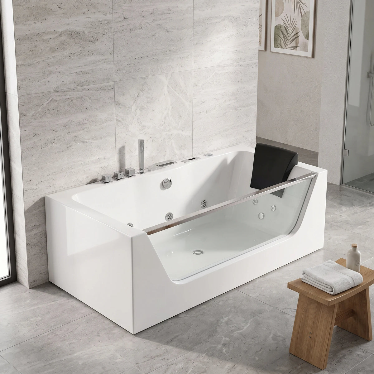 Massage Bathtub with Faucet and Waste c/w 3pcs Middle Jets, 8pcs Small Jets and 8pcs Air Jets - White in a room setting