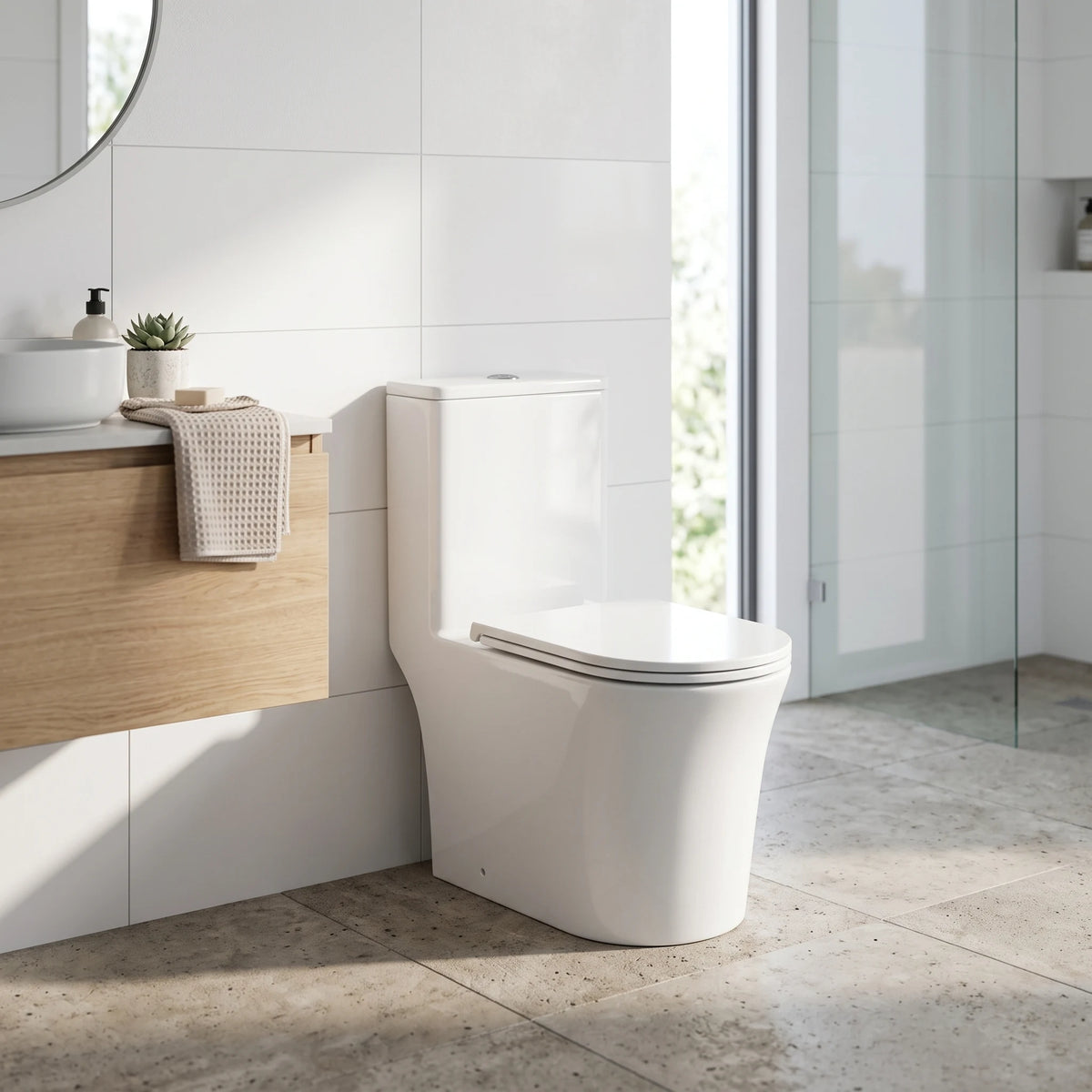 GLENZA Washdown Spinning Flush WC Complete Set c/w UF Seat Cover (S-250mm) - White in a room setting