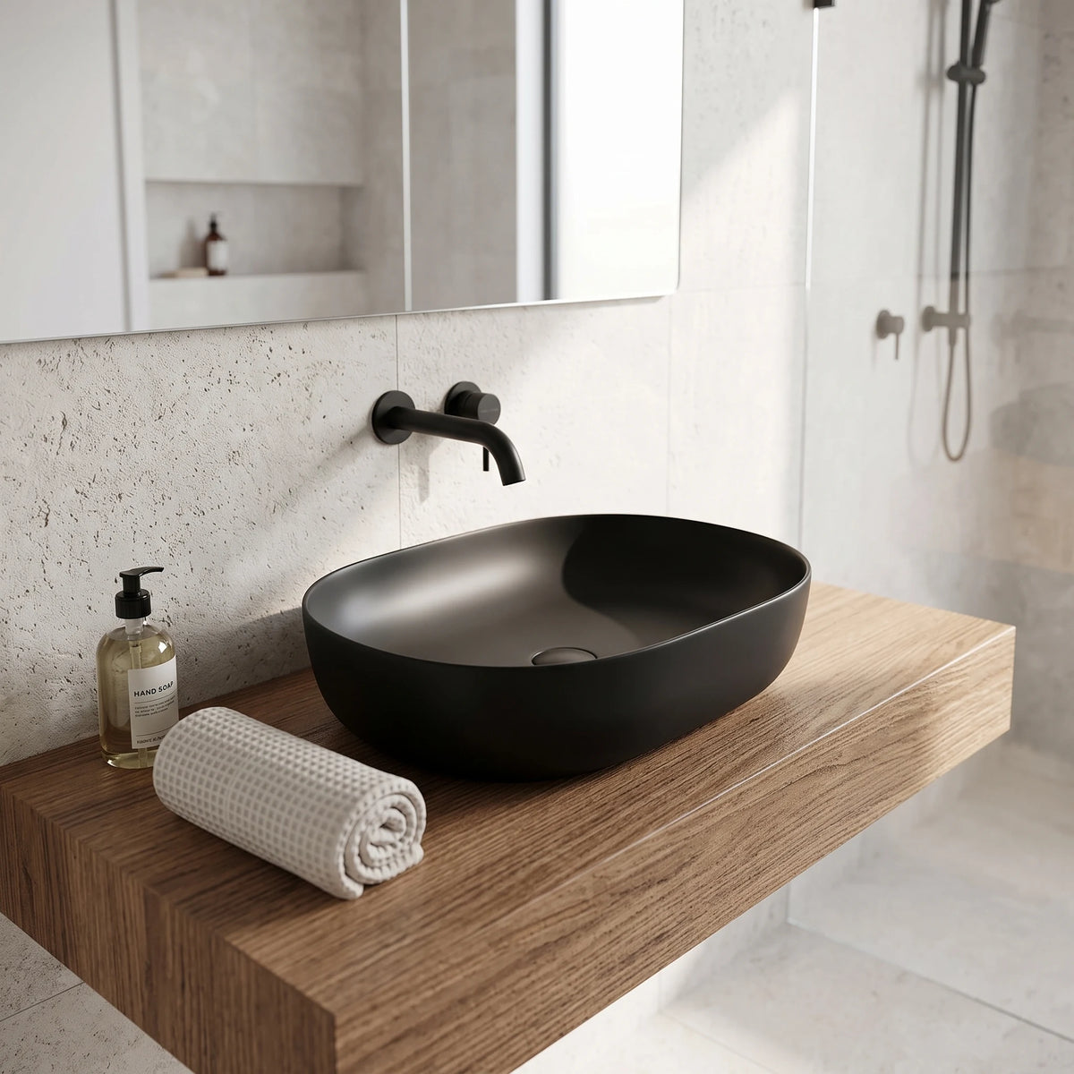 Oval Above Counter Wash Basin - Black in a room setting