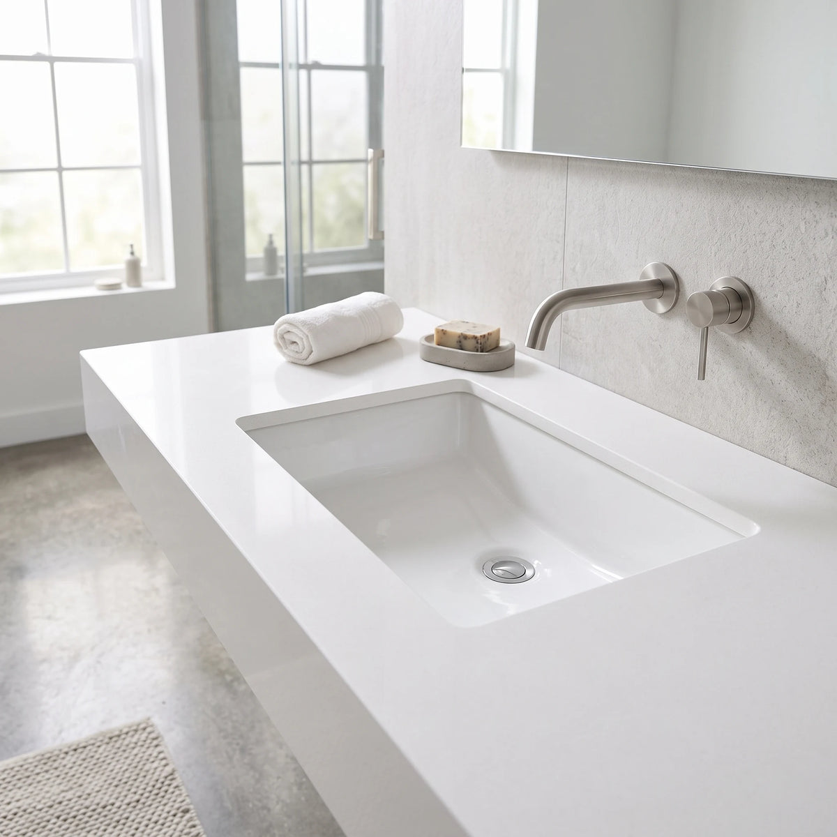 Rectangular Under Counter Wash Basin with Oveflow - White in a room setting