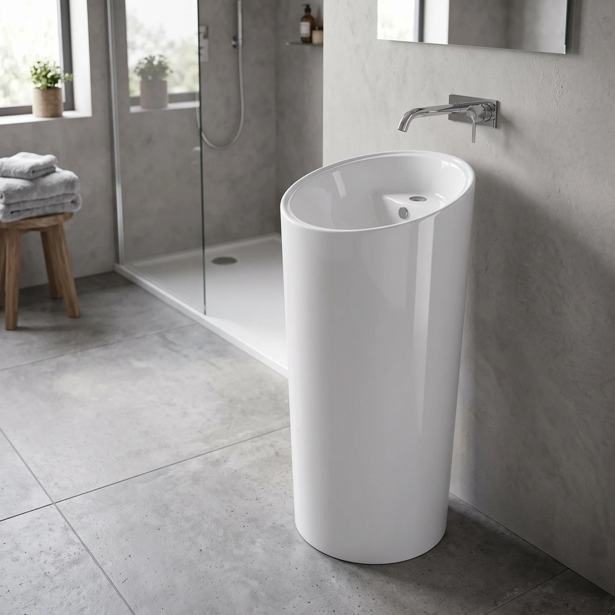 Round Free Standing Wash Basin - White in a room setting