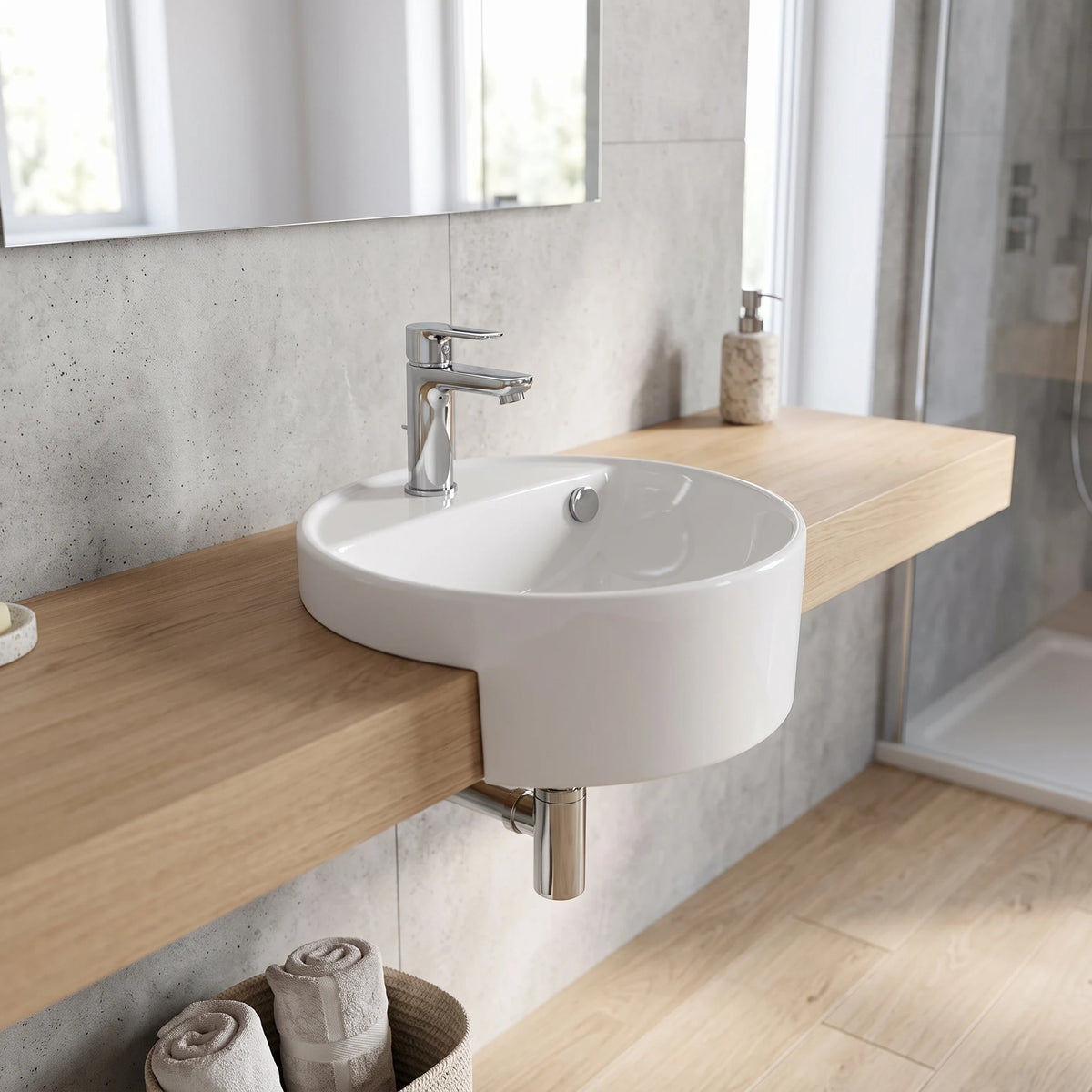 Round Semi-Recessed Wash Basin - White in a room setting