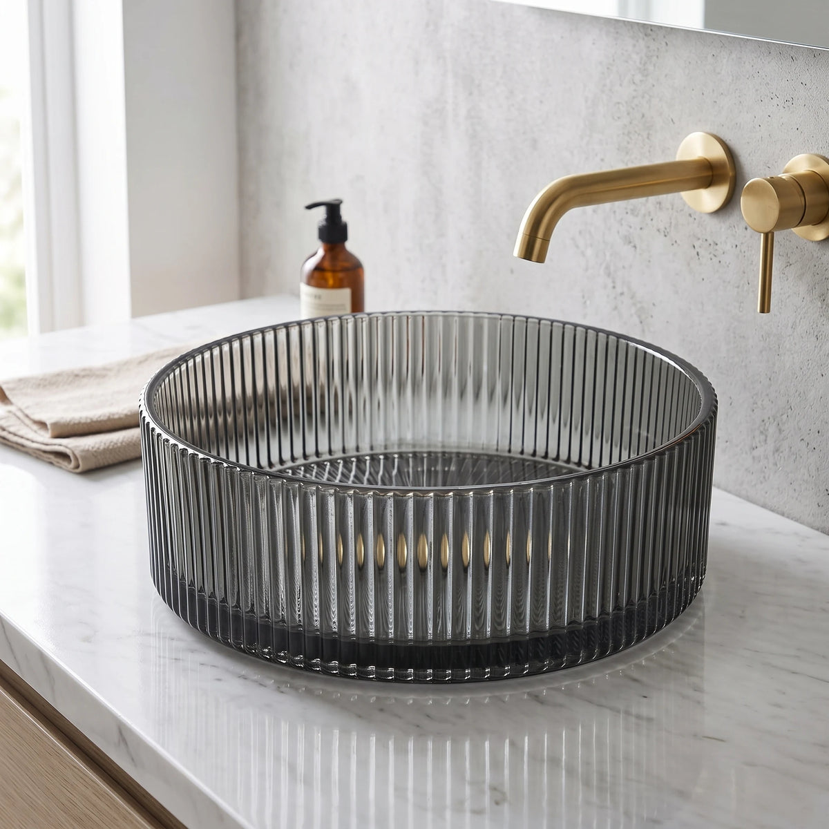 Round Glass Vessel Sink - Transparent Black in a room setting