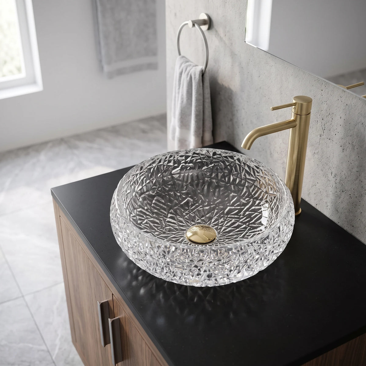 Round Glass Vessel Sink c/w O Ring - Transparent in a room setting
