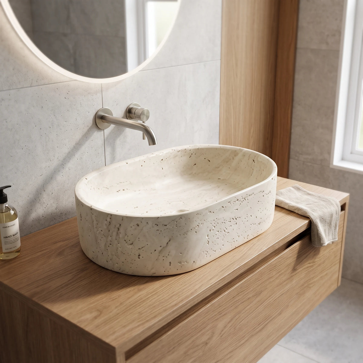Oval Artificial Stone Wash Basin c/w Waste - Beige in a room setting