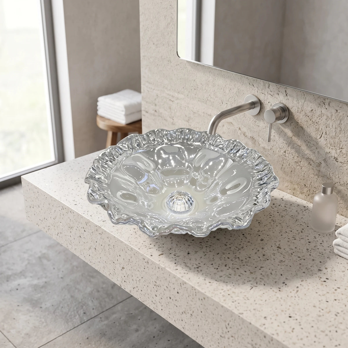 Flower Shaped Glass Basin c/w Waste - Transparent in a room setting