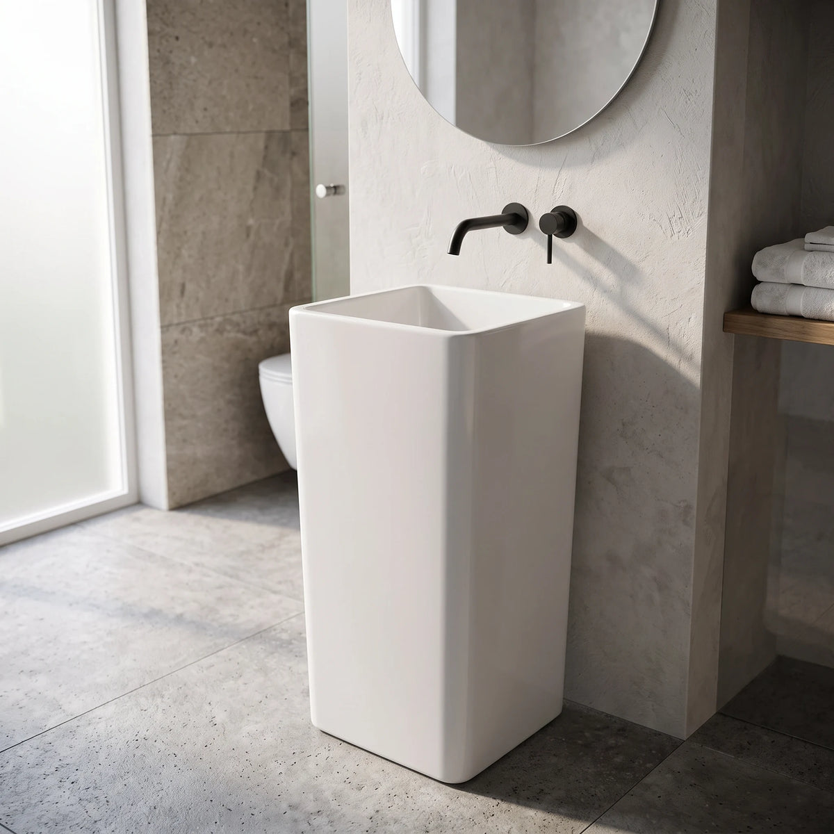 Square Free Standing Wash Basin - White in a room setting