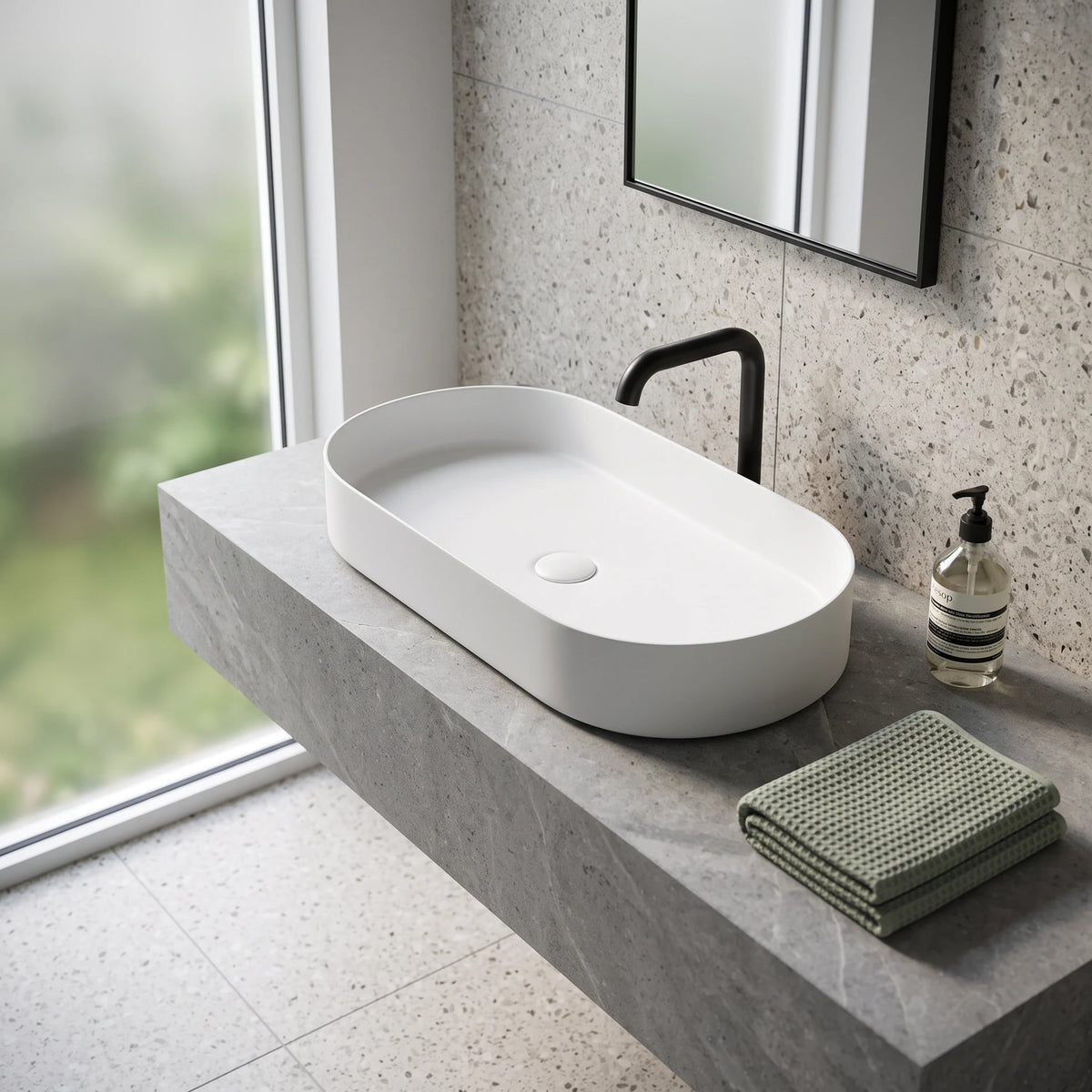Oval Above Counter Wash Basin - White in a room setting