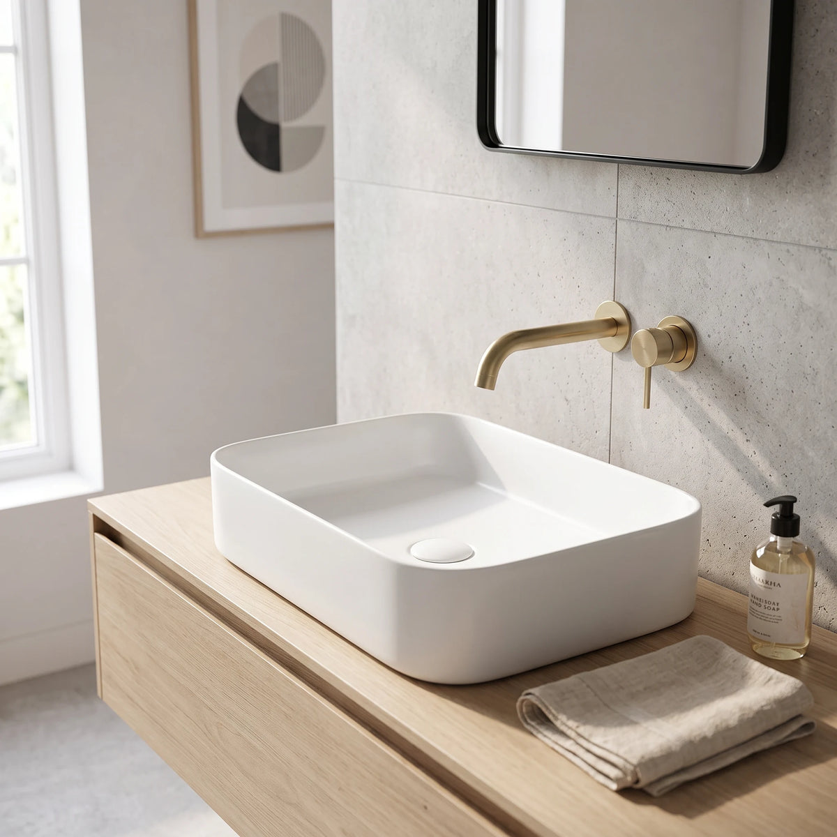Rectangular Above Counter Wash Basin - White in a room setting