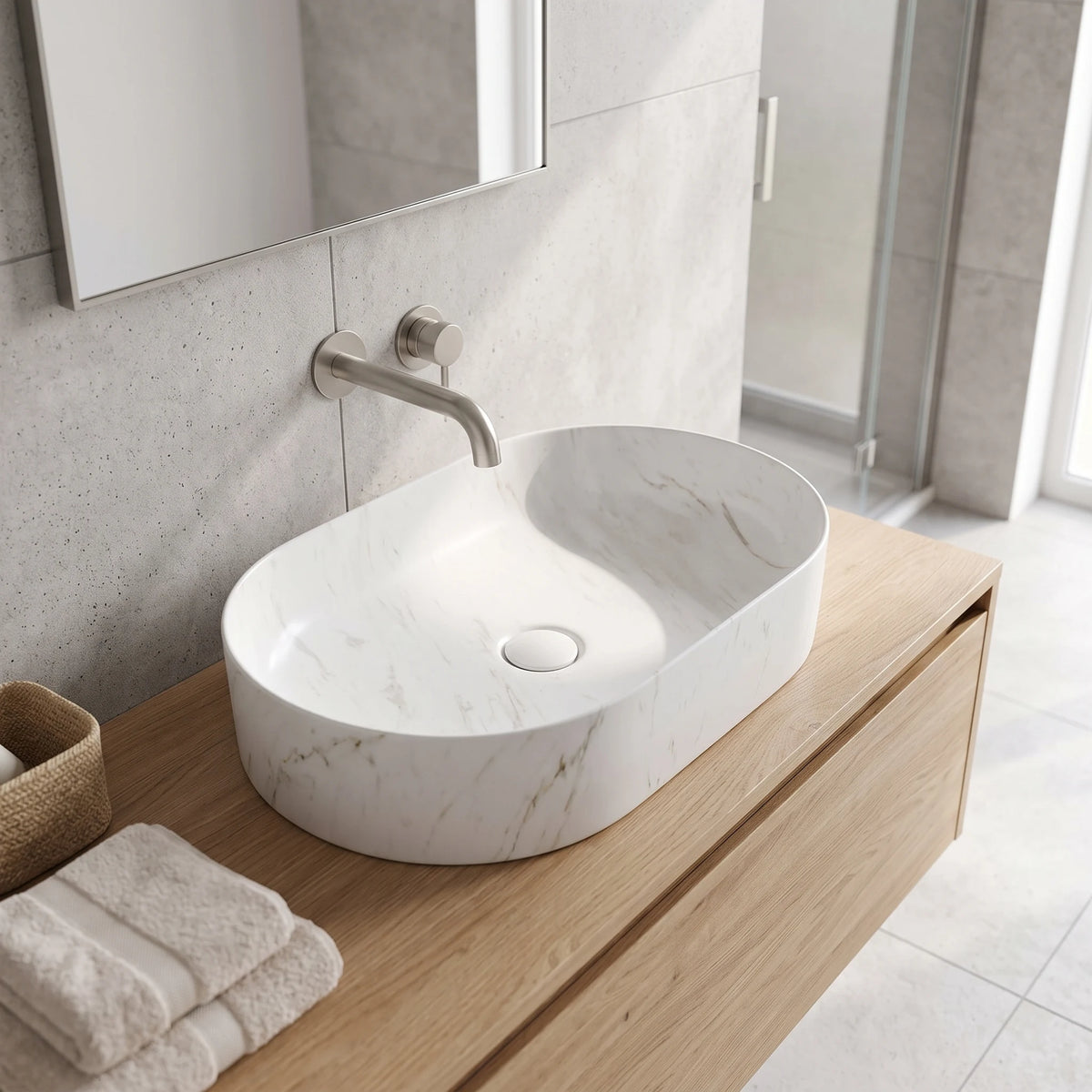 Oval Above Counter Wash Basin w/o Waste - Matt White Marble in a room setting