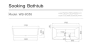 Technical diagram and measurements for the TR-BHT-FSB-19910-WW__WB-8038 bath tub, providing specifications for installation