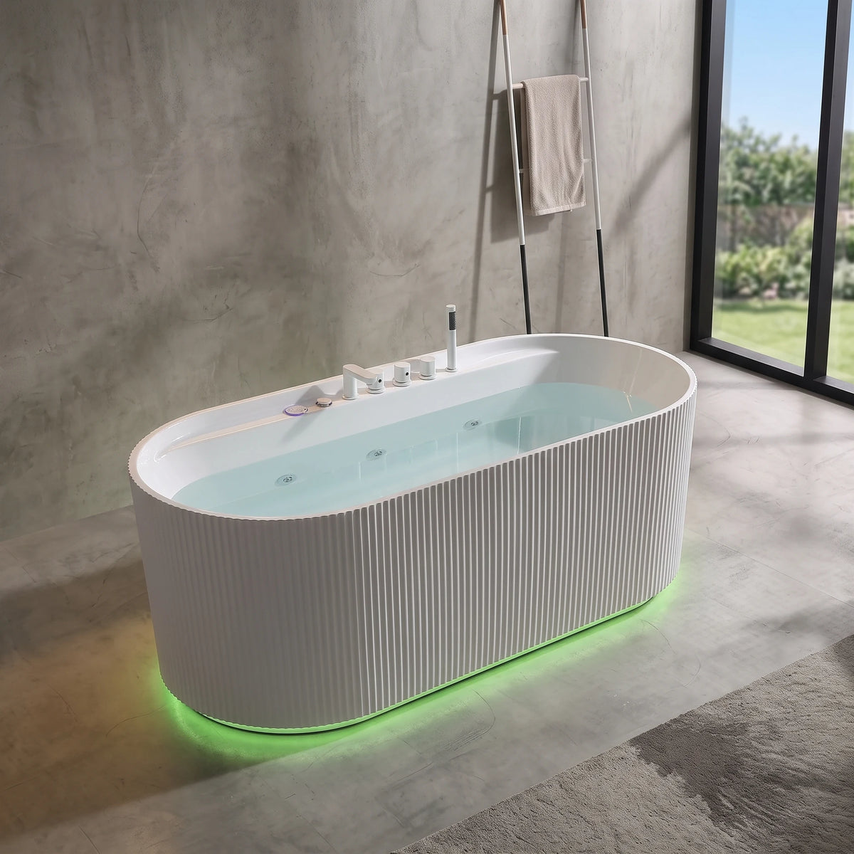 Massage Bath Tub with faucet c/w 4 pcs middle jets, 8 pcs small jets and 8pcs air jets in a room setting