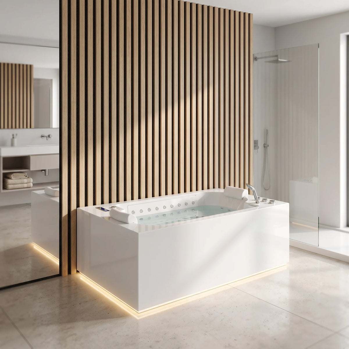 Massage Bath Tub with faucet and waste c/w 6pcs middle jets, 16pcs small jets and 16pcs air jets in a room setting