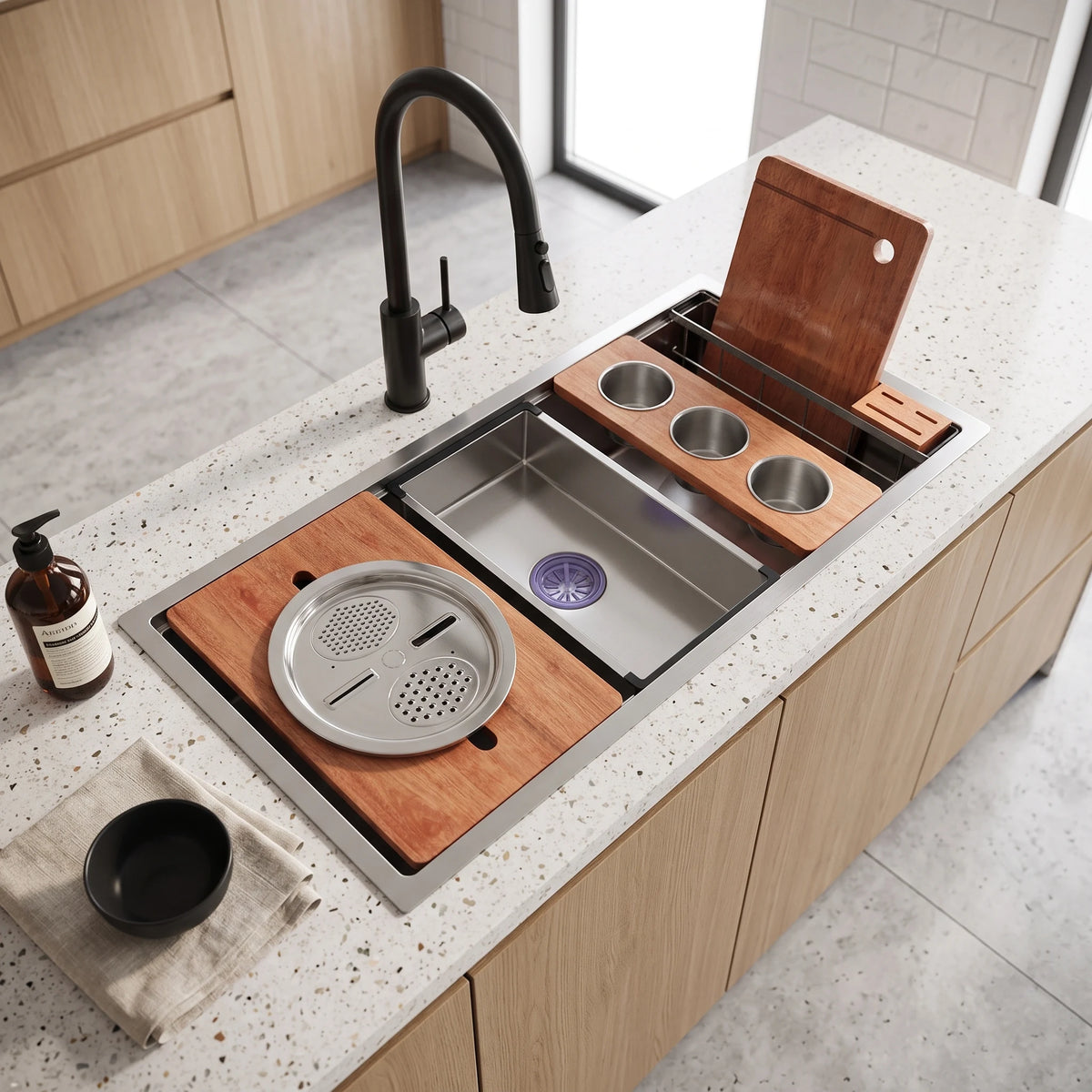 SUS304 Single-Tier Single Bowl Mini Nano Workstation Sink c/w Wooden Chopping Board, Caddy with Knife Block, Colander, Sauce Plate, Cutter & Mixing Bowl Tray in a room setting